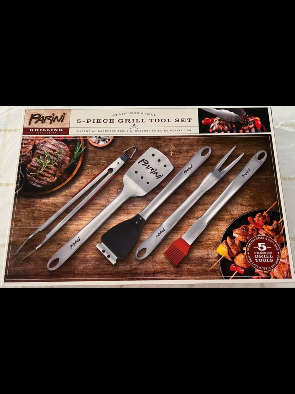 Stainless Steel 5-Piece Grill Tool Set - Silver with Red Basting Brush